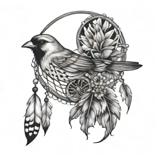 dream catcher with cardinal bird and lady bug and monarch butterfly  tattoo design idea