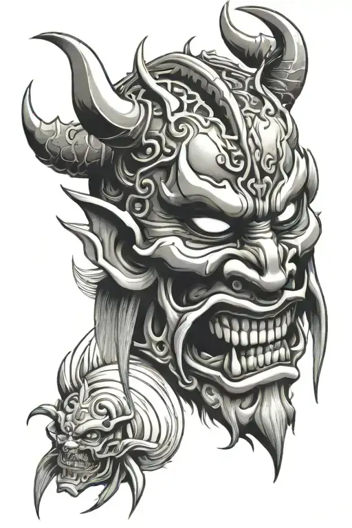 oni mask split in half tattoo design idea