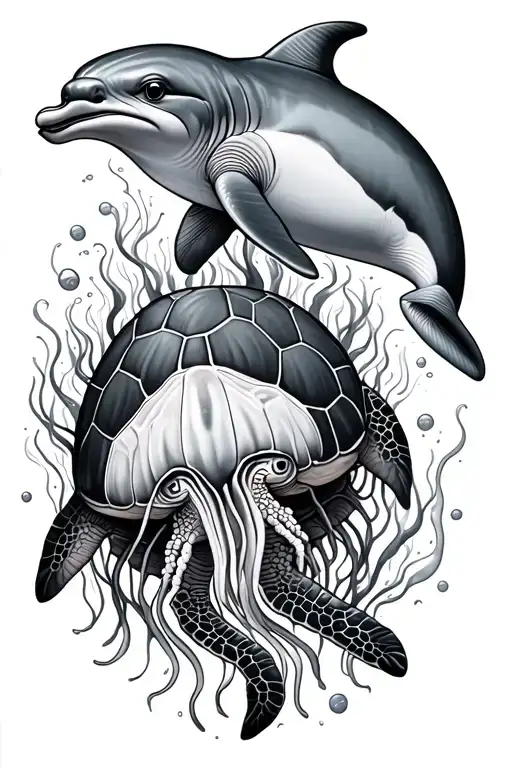 Dolphin, Sea turtle, Jelly Fish in black and white, tattoo design idea