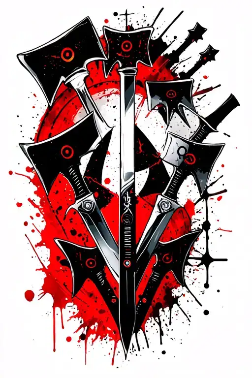 3 throwing knives 3 throwing axes and 3 throwing stars. one target tattoo design idea