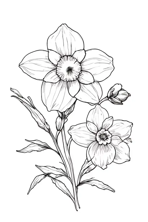 Daffodil, sweet pea, lakspur and cosmo flower on vine tattoo design idea