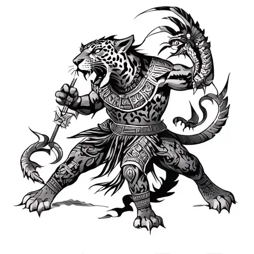 aztec jaguar warrior fighting demons tattoo design idea