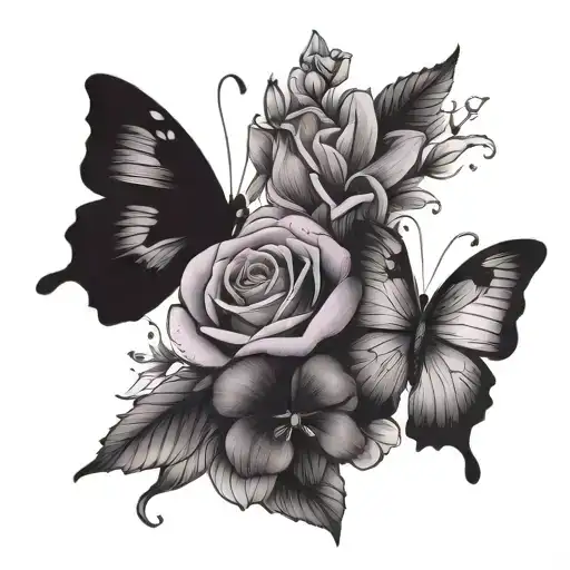 Violet bouquet and butterfly surrounded fine line tattoo design idea