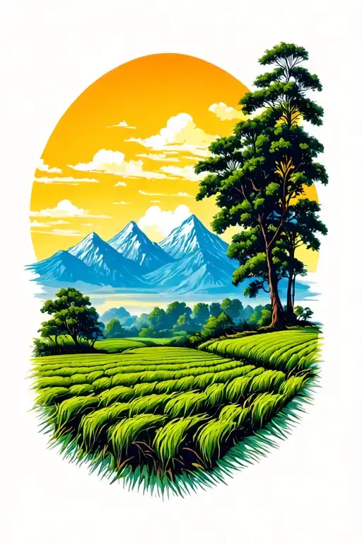 rice fields with mountains tattoo design idea