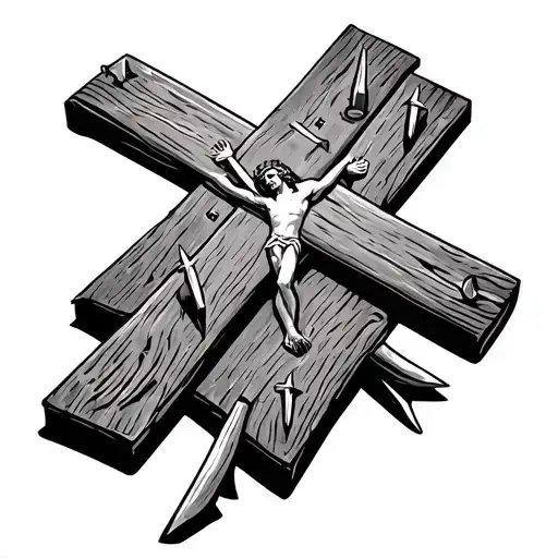 INRI on a wooden board placed above a cross made of 3 nails, made into a sleeve tattoo design idea