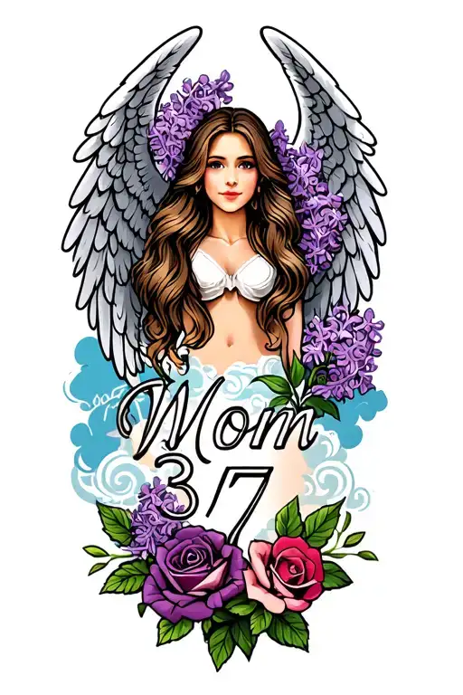 "Mom  3/7" memorial tattoo design mom, number  angel wings feathers  clouds lilacs rose tattoo design idea
