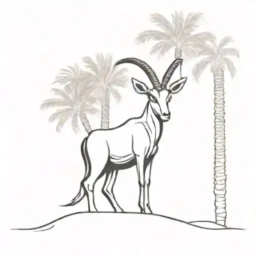 An anthropomorphic Arabian Oryx wearing a traditional Bahraini thobe and leaning against a date palm tree tattoo design idea
