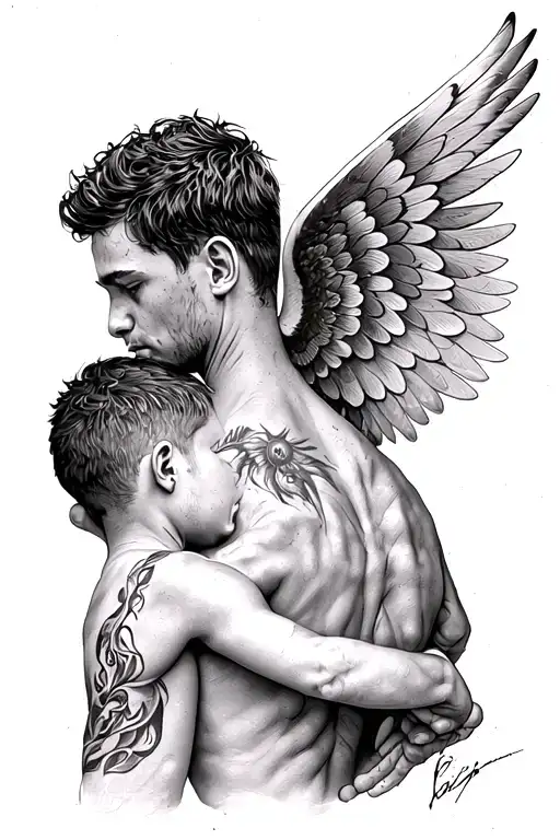 son on dad's neck with a wing sticking out from the back tattoo design idea