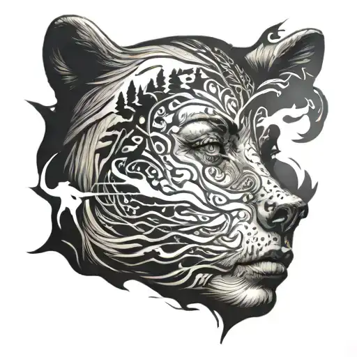 woman's  face with bear shadow tattoo design idea