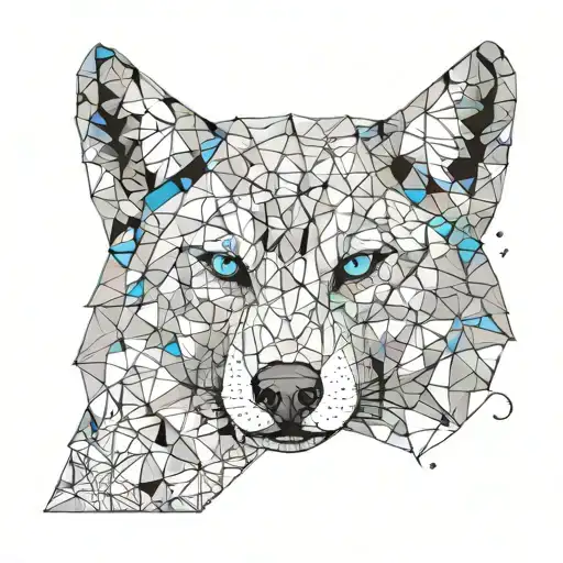 half geometric half realistic wolf with blue eyes face profile from front tattoo design idea