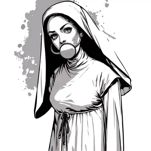 woman dressed in a nun costume that covers her entire body; all you can see is her face. She’s got a ball gag in her mou tattoo design idea