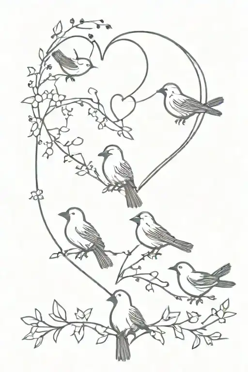 heart, bird family with 4 birds, 4 stars tattoo design idea
