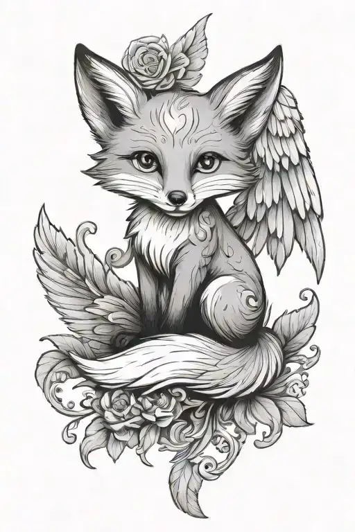 small fox with angel wings spread wings with head center tattoo design idea