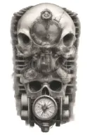train tracks and a small compass with one hooded skull and engine camshafts harley davidson style tattoo design idea