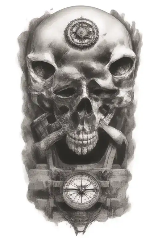 train tracks and a small compass with one hooded skull and engine camshafts harley davidson style tattoo design idea
