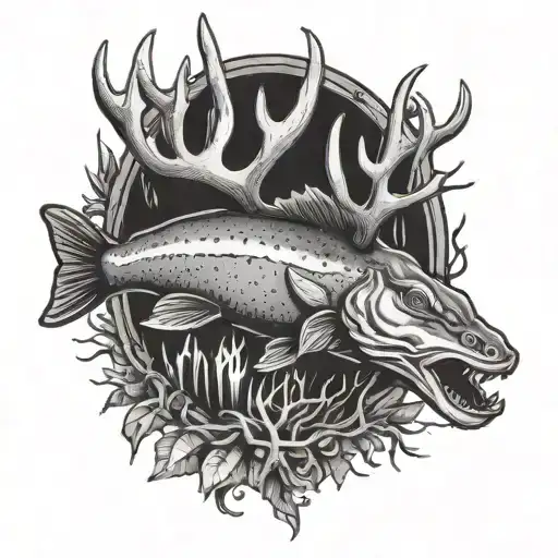 fish and deer head surrounded big country tattoo design idea