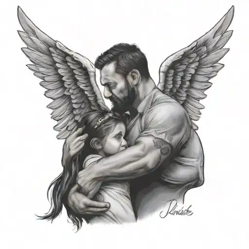 Dad holding daughter, with wings and a halo. with dad at the bottom and underneath dad have roman numerals of October 5  tattoo design idea