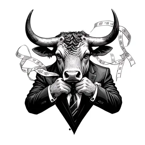 bull in a suit and tie holding ticker tape intertwined with its horns tattoo design idea