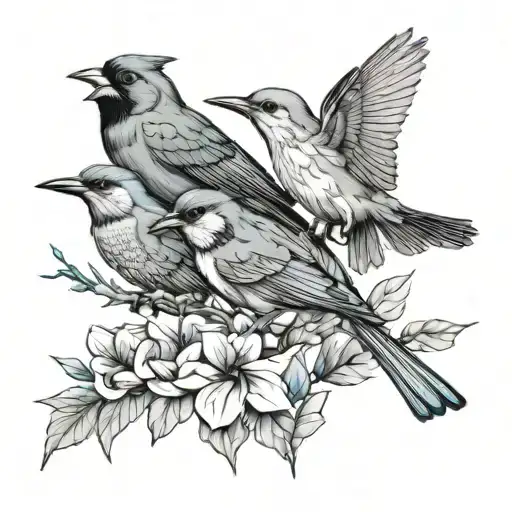 red cardinal, eastern blue bird, hummingbird, and browed turquoise mot mot tattoo design idea