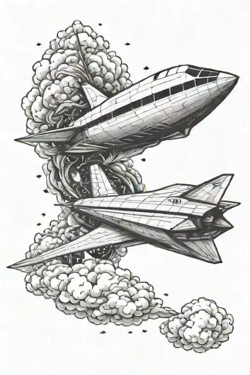 paper plane passing through clouds morphing into spaceship tattoo design idea