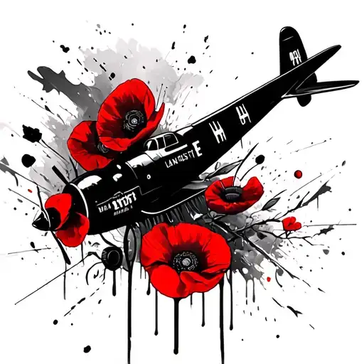 Lancaster bomber dropping poppies over grave yard tattoo design idea