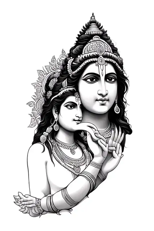 hindu gods arm sleeve featuring shiva parvati and ganesh tattoo design idea