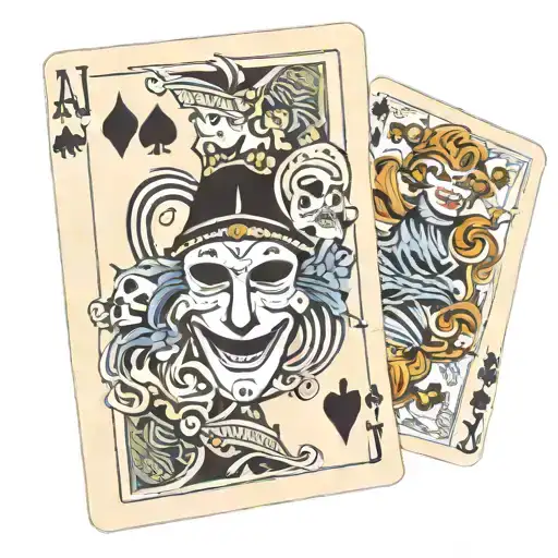 a deck of cards with 4 ace cards split with 2 jokers and a jester mask with a laughing face tattoo design idea