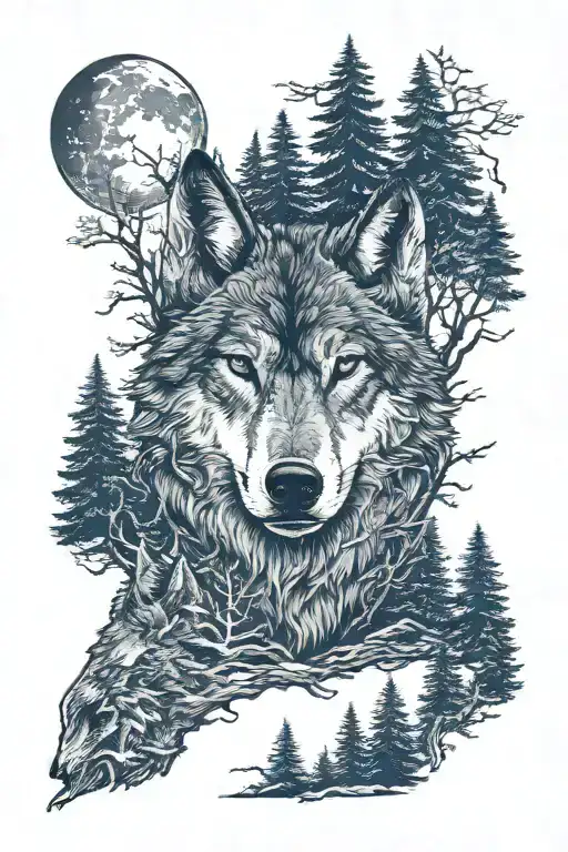 wolf in howling forest scene tattoo design idea