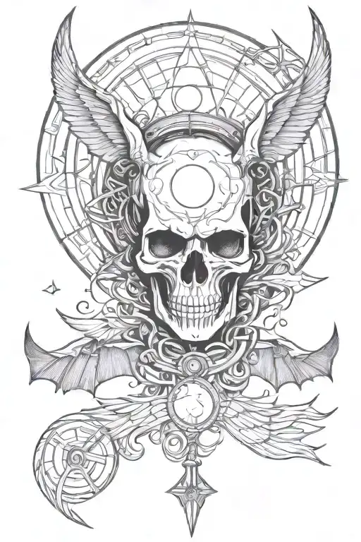 skull, cross, bat flying, moon, and the eye of horus and anubis tattoo design idea