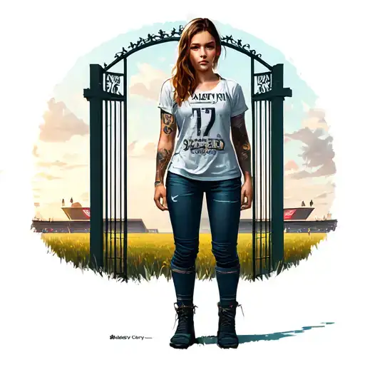 Faith Seed from far cry 5 standing in a bliss field with the stadium of Light (Sunderland afc) gates behind her tattoo design idea