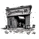 gritty street, trash, banknotes litter the street. demons peer out from buildings and alleys. the words Streetwalking Wh tattoo design idea