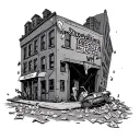 gritty street, trash, banknotes litter the street. demons peer out from buildings and alleys. the words Streetwalking Wh tattoo design idea