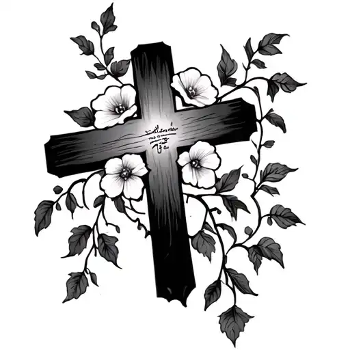 cross with flowers in vines and psalm 46:5 tattoo design idea
