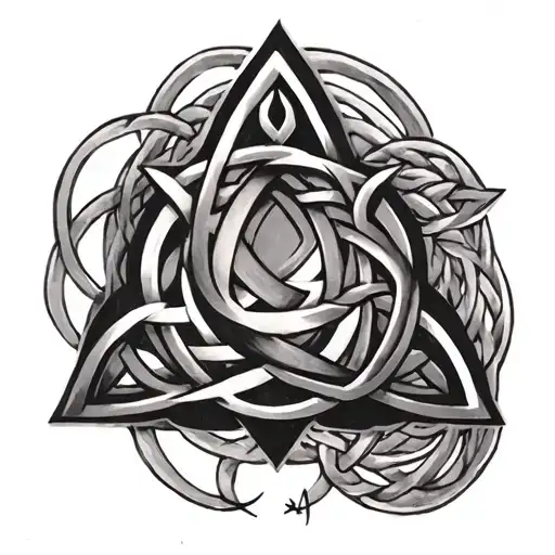 A Celtic trinity knot intertwined with Nordic Valknut symbolizing unity and warrior spirit ultra detailed tattoo design idea