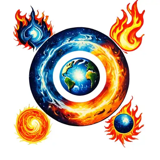 five fold symbol with fire air water and earth in each circle and universe in centre circle tattoo design idea