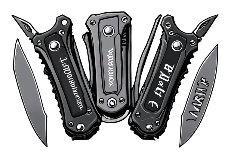 case pocket knife with 3 blades. a name on each blade that says Grayson then Case and then Tate tattoo design idea