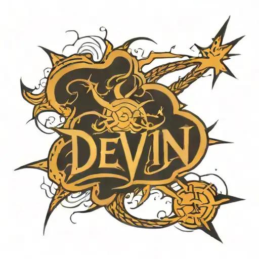 The word "Devin" written out and surrounded by a raging thunder and lightning storm tattoo design idea