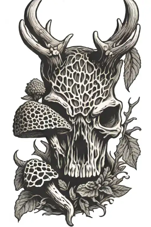 morel mushroom next to a whitetail deer antler tattoo design idea