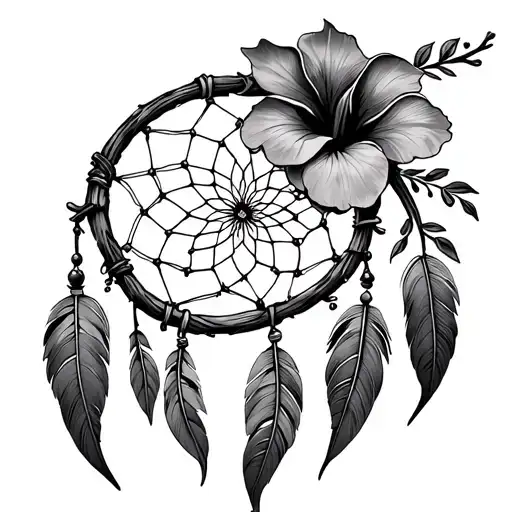 dream catcher that made of woven tree branches with hibiscus flower on top right side. tattoo design idea