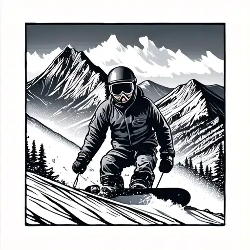 Snowboarder travels from a mountain against the background of the mountains, leaving a thin line of the trace in carving turns tattoo design idea