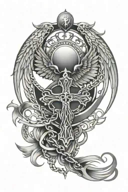 cybertribal moon, angel wings, heart, Cross, chain  tattoo design idea