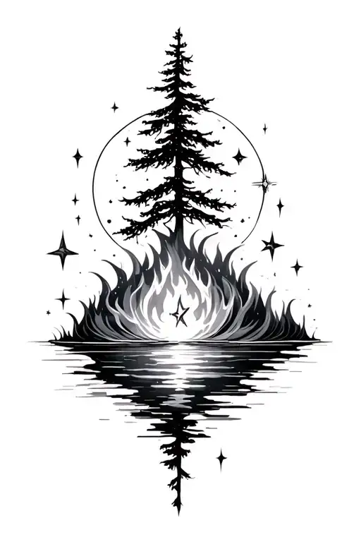 nature inspired tattoo featuring elements like stars, water, fire,  tattoo design idea