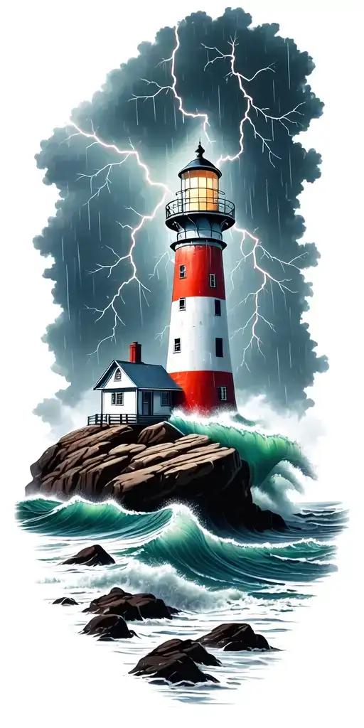 lighthouse on rocks with waves crashing in a rainstorm and lightning strikes  tattoo design idea