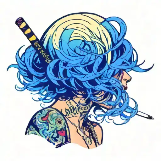 Sexy girl, Huge cleavage, petite, torn clothing, short white bob hairstyle, cigarette in mouth, smoke, side view tattoo design idea