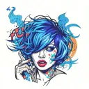 Sexy girl, Huge cleavage, petite, torn clothing, short white bob hairstyle, cigarette in mouth, smoke, side view tattoo design idea