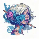 Sexy girl, Huge cleavage, petite, torn clothing, short white bob hairstyle, cigarette in mouth, smoke, side view tattoo design idea