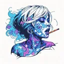 Sexy girl, Huge cleavage, petite, torn clothing, short white bob hairstyle, cigarette in mouth, smoke, side view tattoo design idea