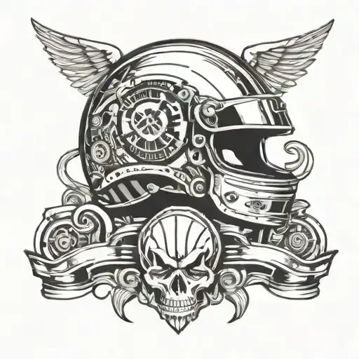 Incorporate a racing helmet with musical symbols in a dynamic tattoo design representing the client's love for both car  tattoo design idea