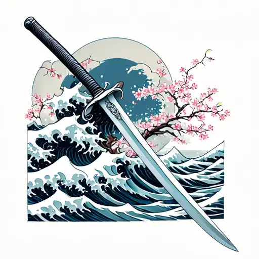 Samurai sword cutting through kanagawa waves with cherry blossoms floating in the background tattoo design idea