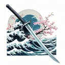 Samurai sword cutting through kanagawa waves with cherry blossoms floating in the background tattoo design idea